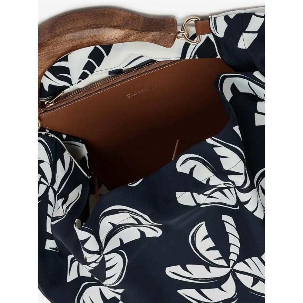 NEW FARM Rio Black And White Scarf Tote Bag Wood Handle Reversible Palm Trees - Picture 4 of 12